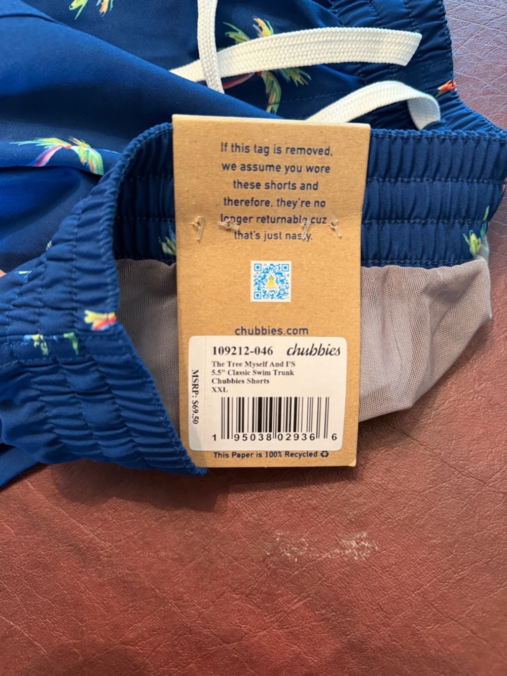 Chubbies Men's XXL  Navy Palm-Print Swim Trunks with white draw string NWT 5.5 - Picture 4 of 9